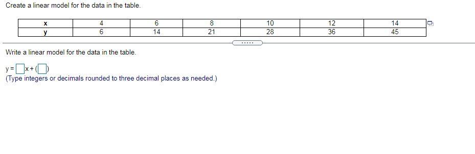 Solved Create A Linear Model For The Data In The Table. х п 