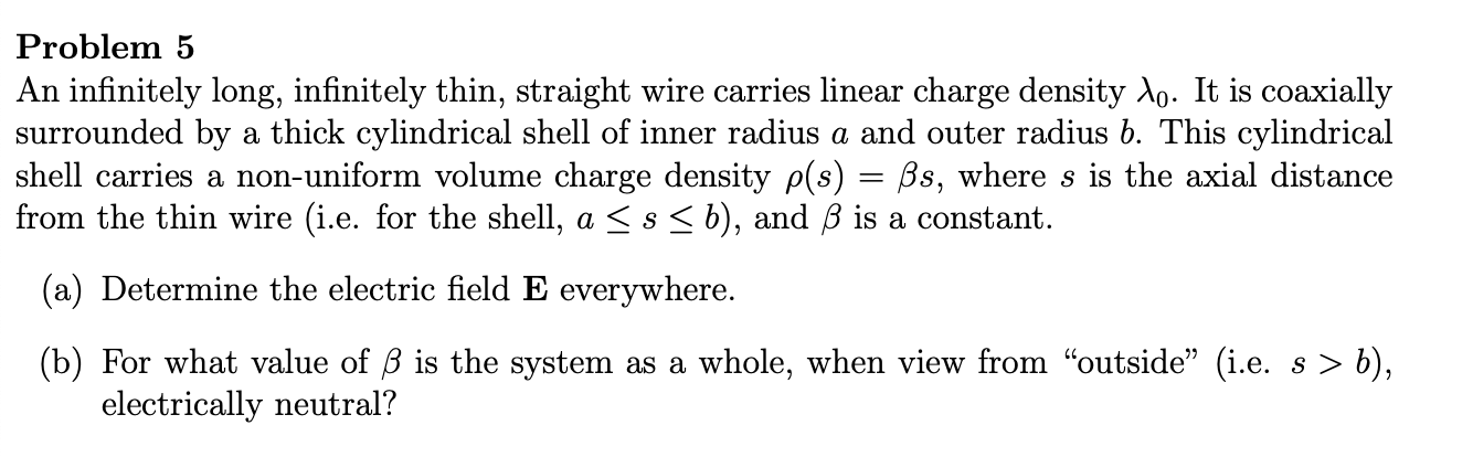 Problem 5
An infinitely long, infinitely thin, straight wire carries linear charge density \( \lambda_{0} \). It is coaxially