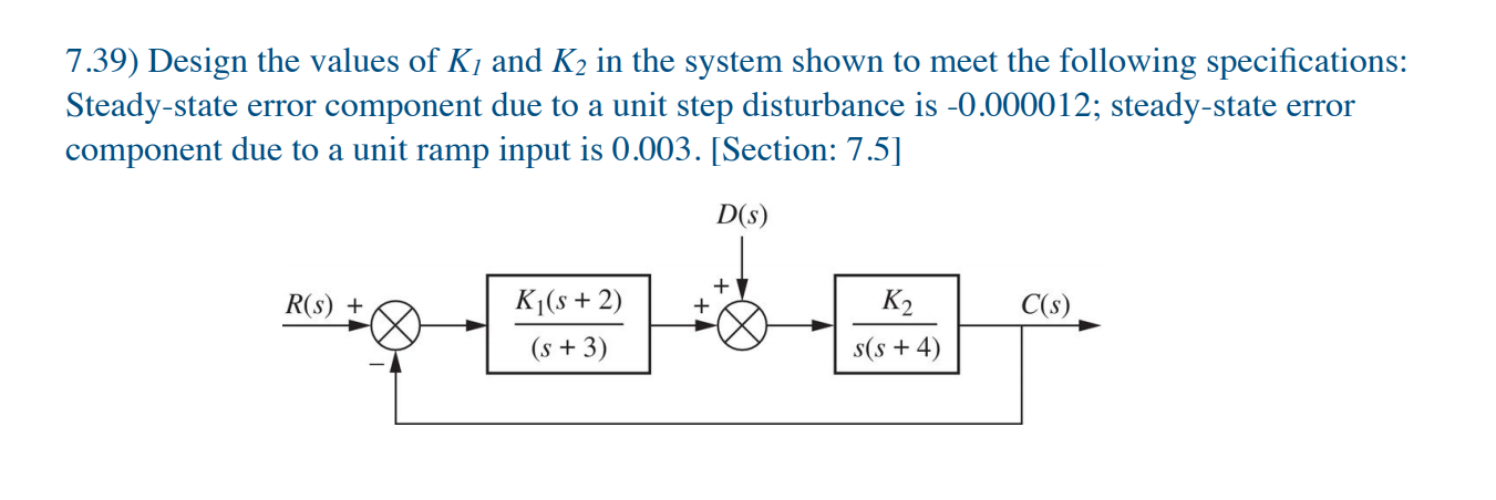 Solved 7.39) Design the values of K, and K2 in the system | Chegg.com