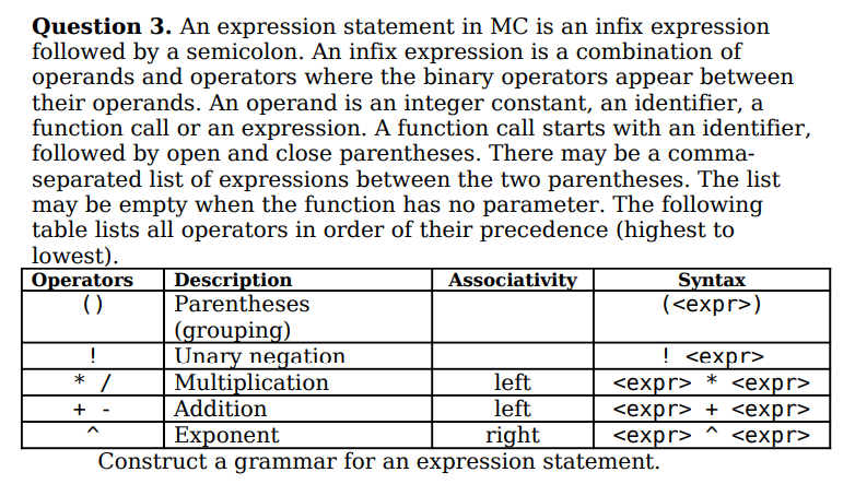 Solved Question 3. An expression statement in MC is an infix | Chegg.com