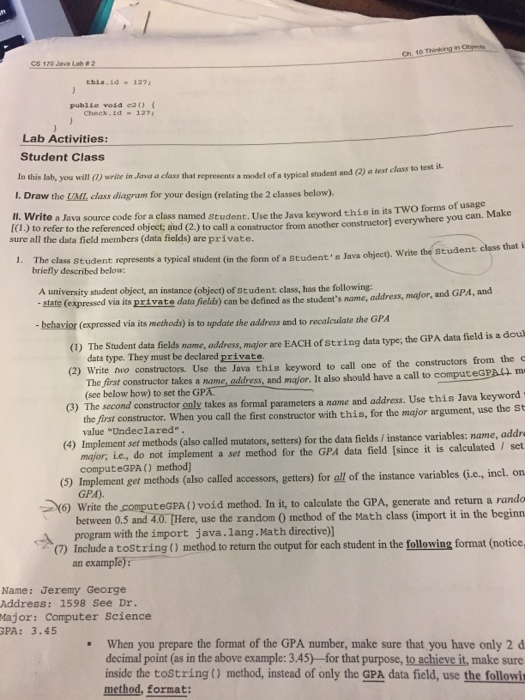 Solved o Thinking CS 170 Java Lab 2 thia.id -127 pubiio void | Chegg.com