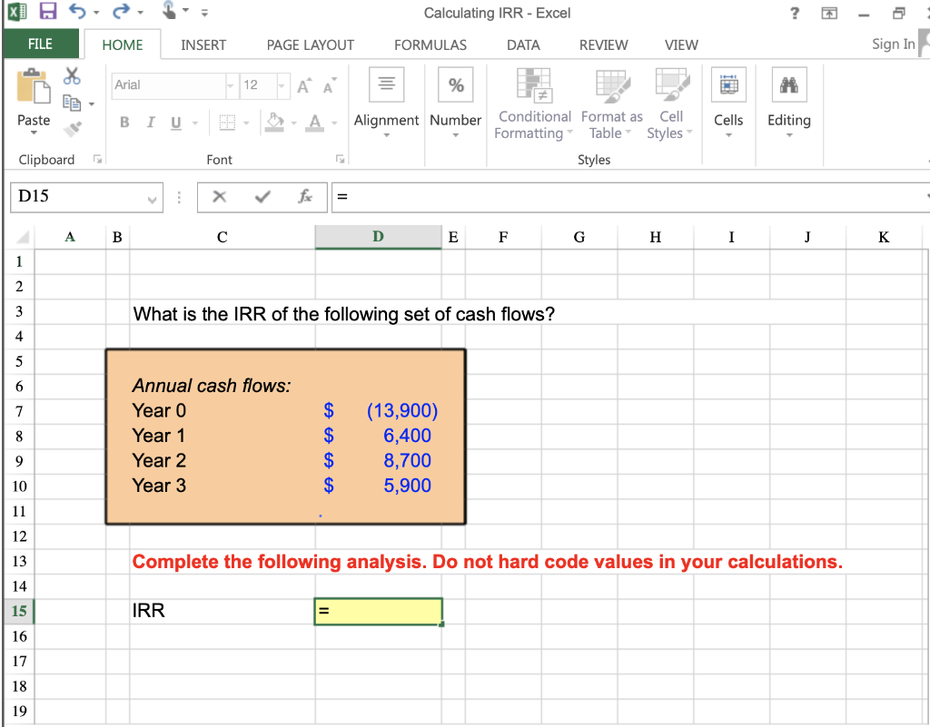 Solved Calculating IRR - Excel ? Q FILE HOME INSERT PAGE | Chegg.com