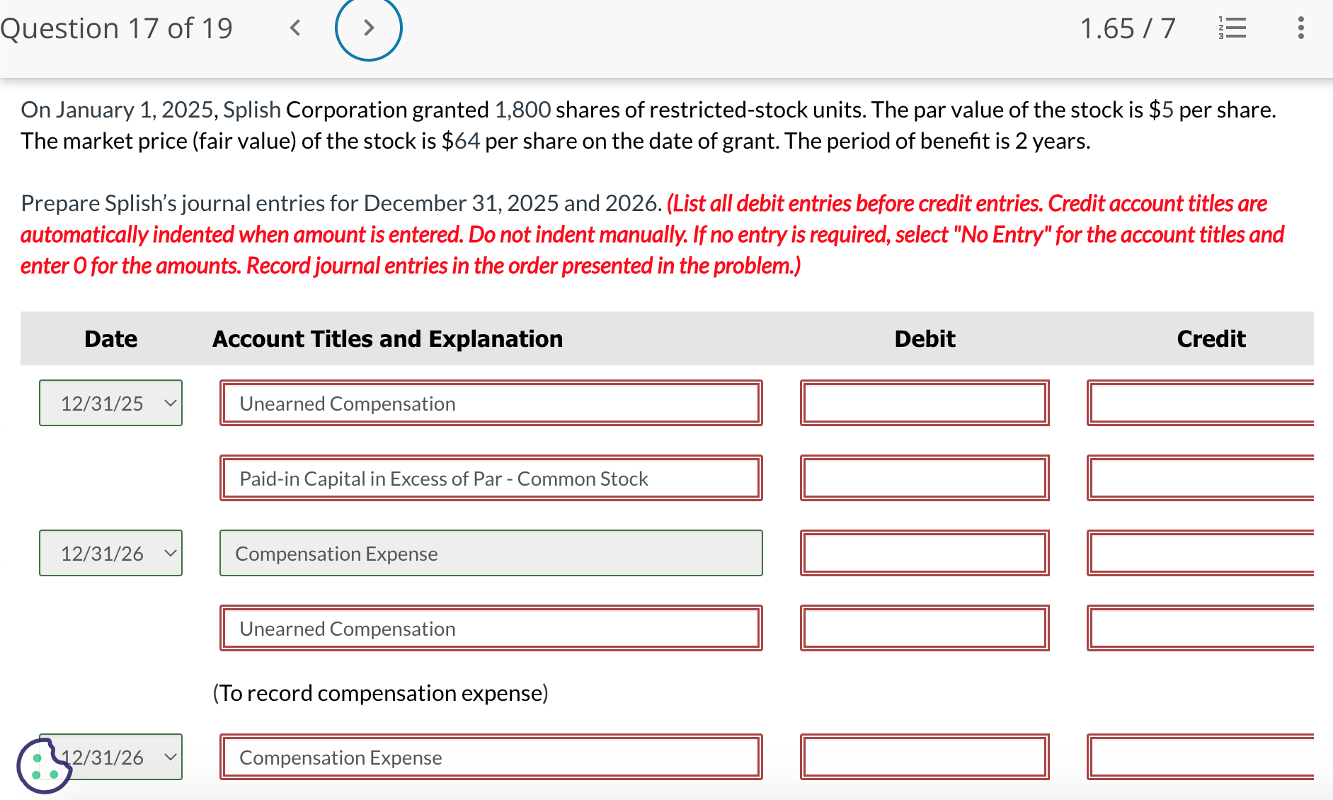 Solved On January 1,2025 , Splish Corporation granted 1,800