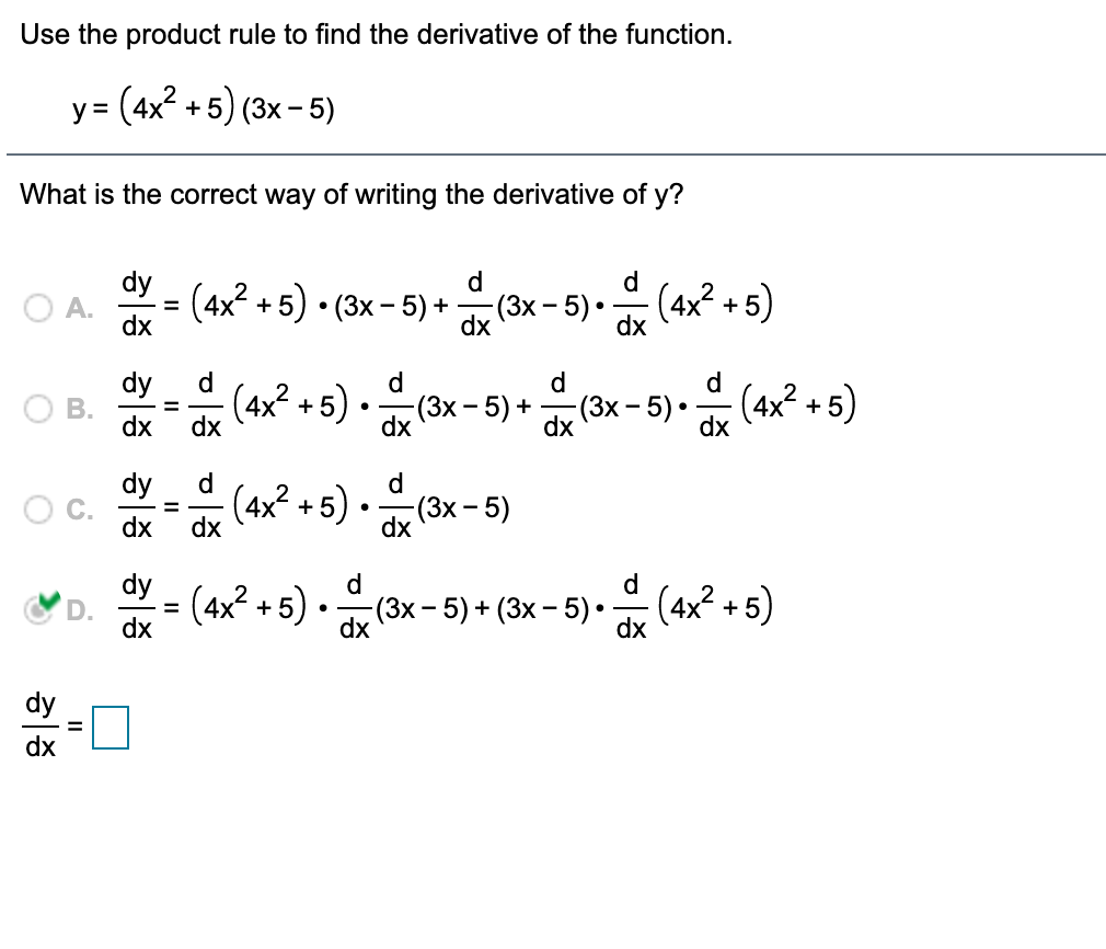 Solved Use the product rule to find the derivative of the | Chegg.com