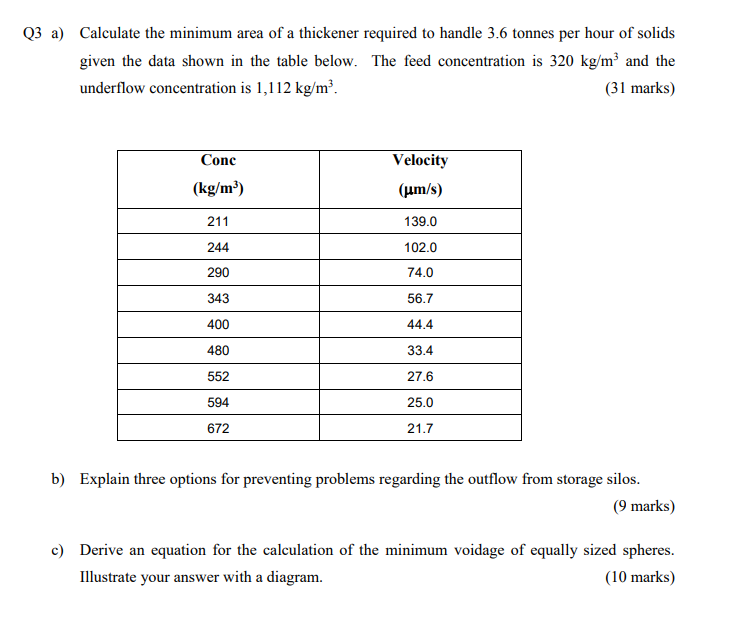 Solved Q3 a) Calculate the minimum area of a thickener