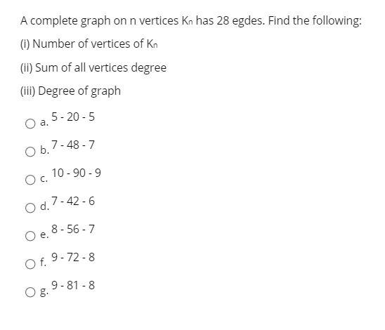 Solved A complete graph on n vertices Kn has 28 egdes. Find | Chegg.com