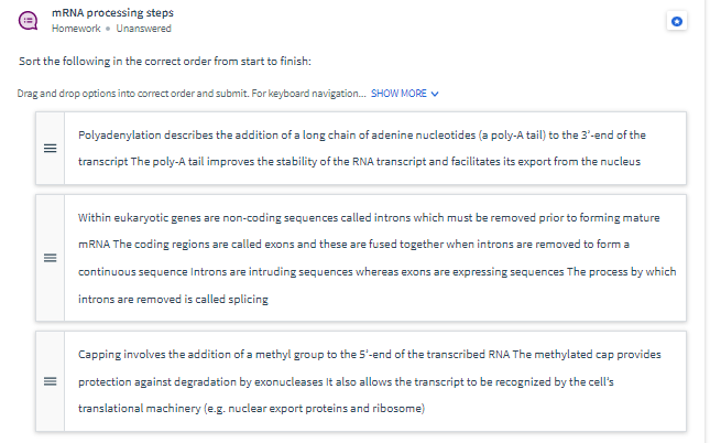 Solved mRNA processing steps Homework. Unanswered . Sort the | Chegg.com