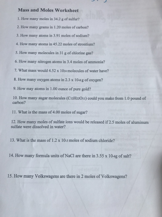 Solved Mass And Moles Worksheet 1 How Many Moles In 34 2 G Chegg