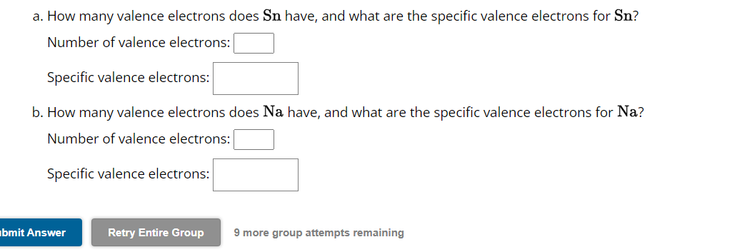 a. How many valence electrons does \( \mathrm{Sn} \) have, and what are the specific valence electrons for \( \mathrm{Sn} \)