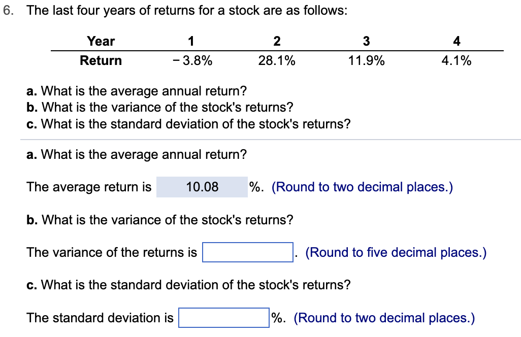 Solved The last four years of returns for a stock are as | Chegg.com