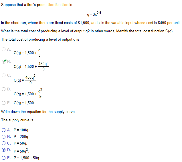 Solved Suppose that a firm's production function is q=3x0.5 | Chegg.com
