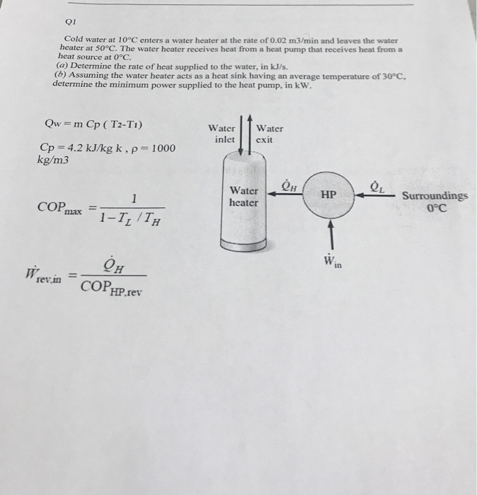 Solved Q1 Cold water at 10°C enters a water heater at the