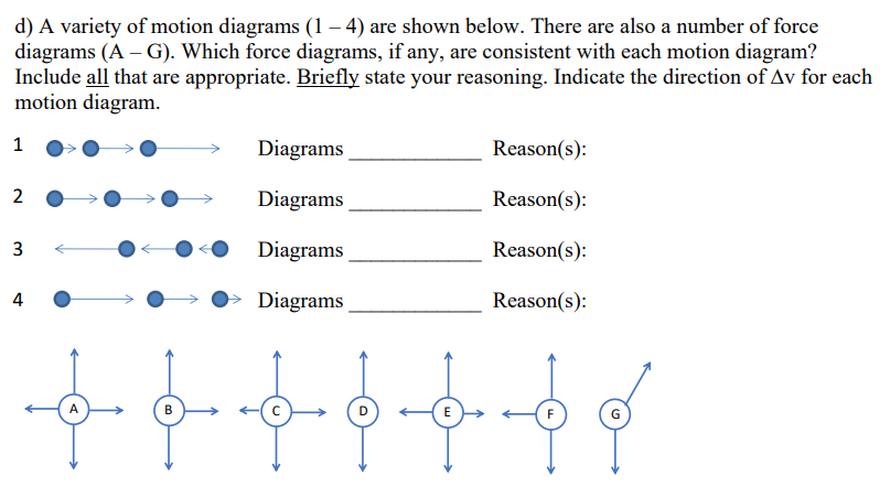 d) A variety of motion diagrams \( (1-4) \) are shown below. There are also a number of force diagrams \( (\mathrm{A}-\mathrm