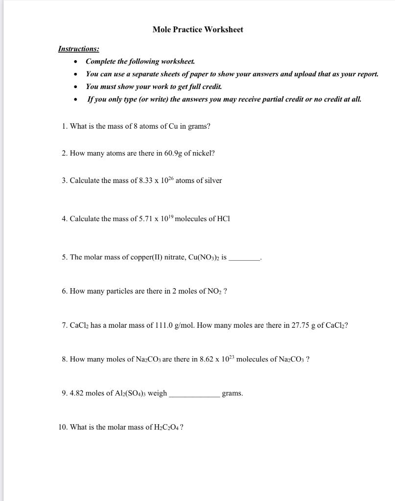 Solved Instructions: . . . • Mole Practice Worksheet | Chegg.com