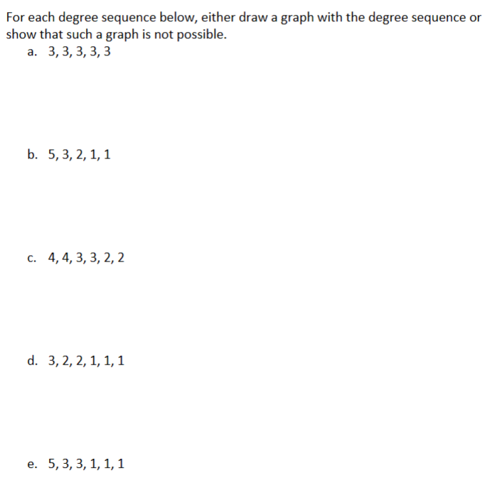 For each degree sequence below, either draw a graph with the degree sequence or show that such a graph is not possible.
a. \(