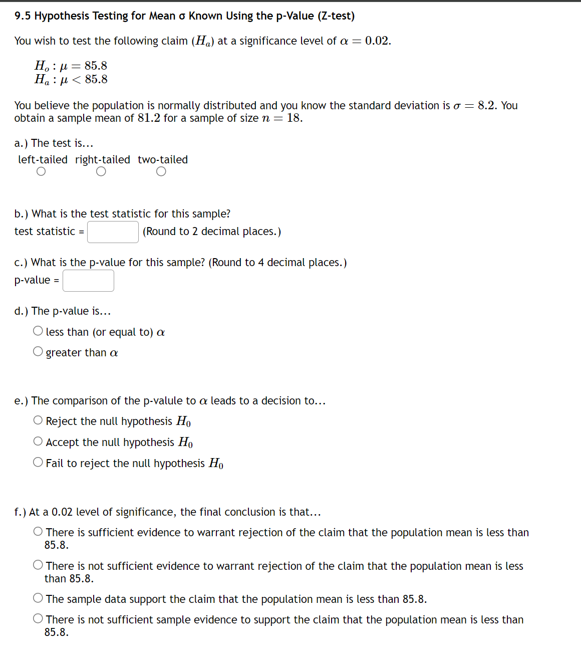 Solved 9.5 Hypothesis Testing for Mean σ Known Using the | Chegg.com