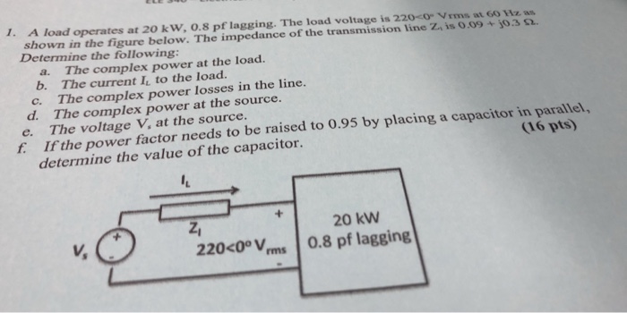 Solved 1. A load operates at 20 kw, 0.8 pf lagging. The load | Chegg.com