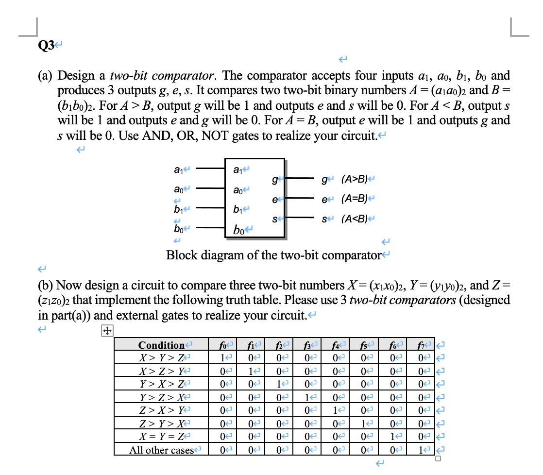 Solved L Q3 A Design A Two Bit Comparator The Comparat Chegg Com