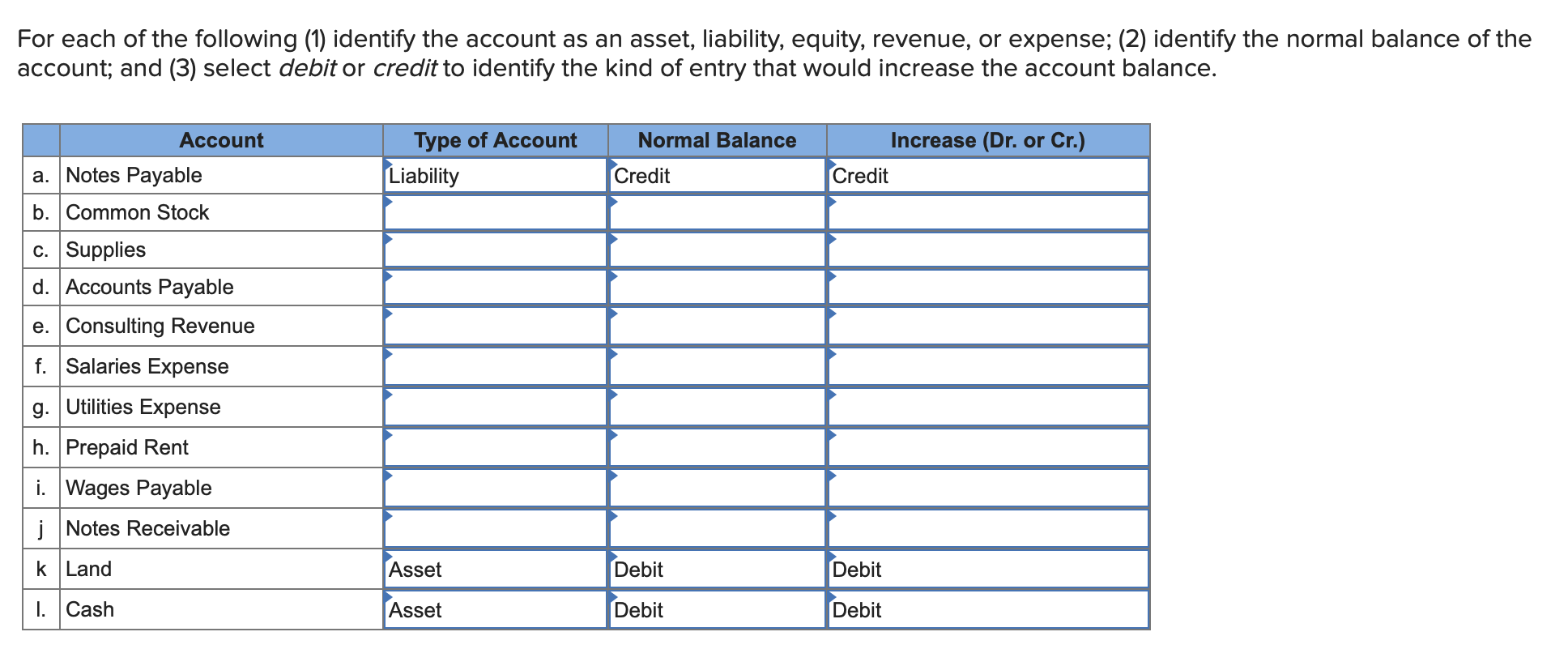 Solved For each of the following (1) identify the account as
