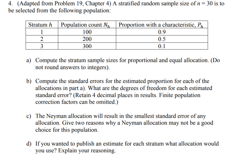 Solved 4. (Adapted From Problem 19, Chapter 4) A Stratified | Chegg.com