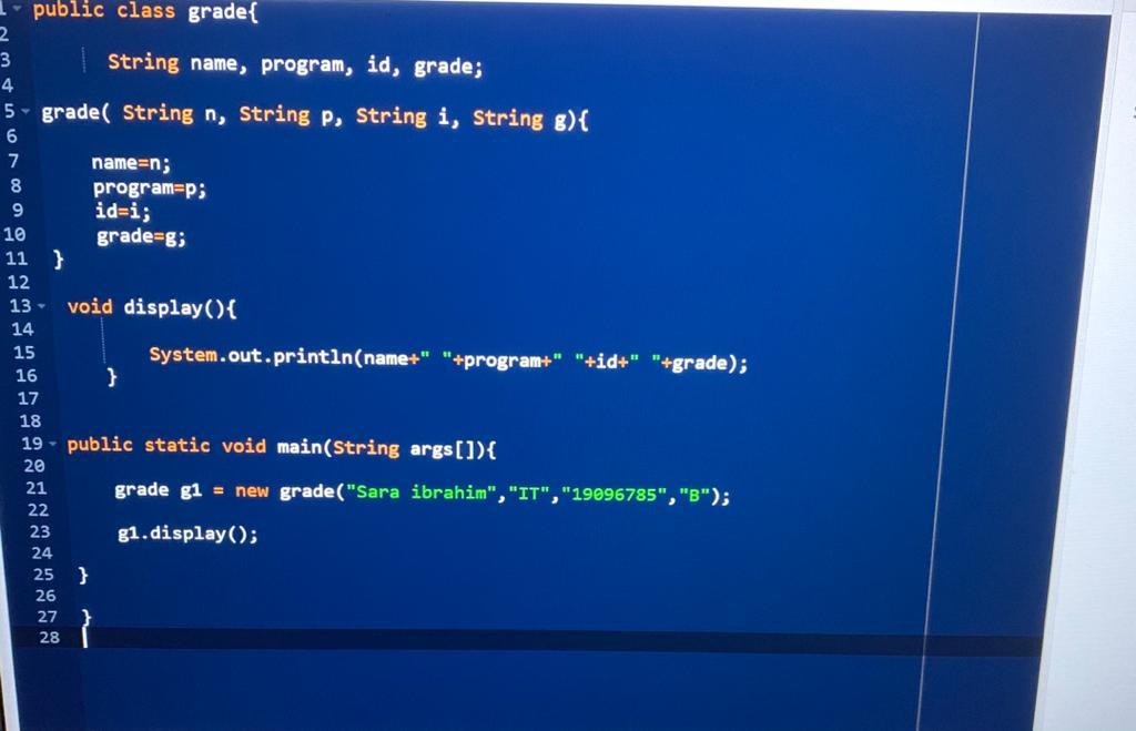 Solved 1 public class grade 2 3 | String name, program, id, | Chegg.com