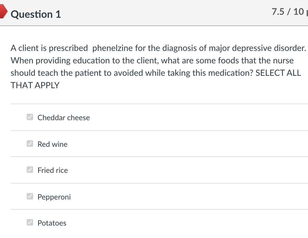 Solved Question 1 7.5 / 10 A client is prescribed phenelzine | Chegg.com
