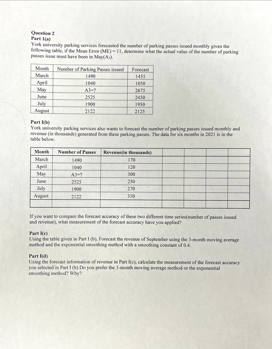 Solved Question 2 Part 1(a) York university parking services