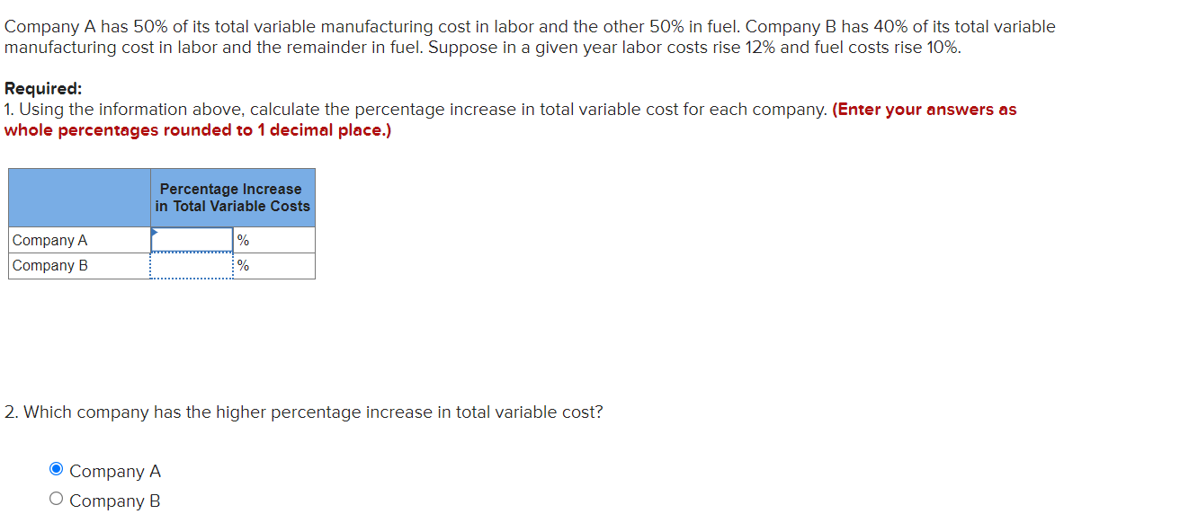 Solved Company A Has 50% Of Its Total Variable Manufacturing | Chegg.com