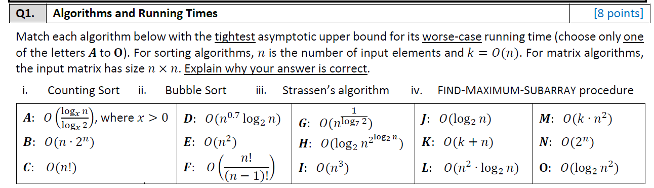 Solved = Q1. Algorithms and Running Times [8 points] Match | Chegg.com