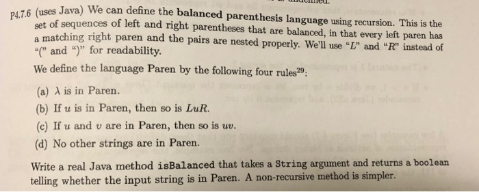 uses Java) We can define the balanced parenthesis | Chegg.com