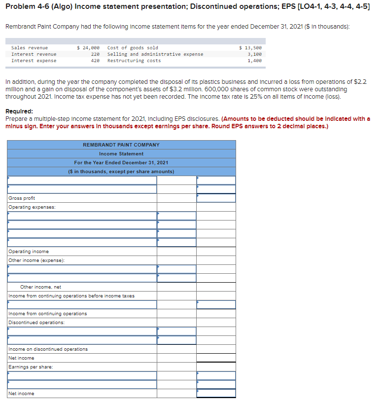 Solved Problem 4-6 (Algo) Income statement presentation; | Chegg.com