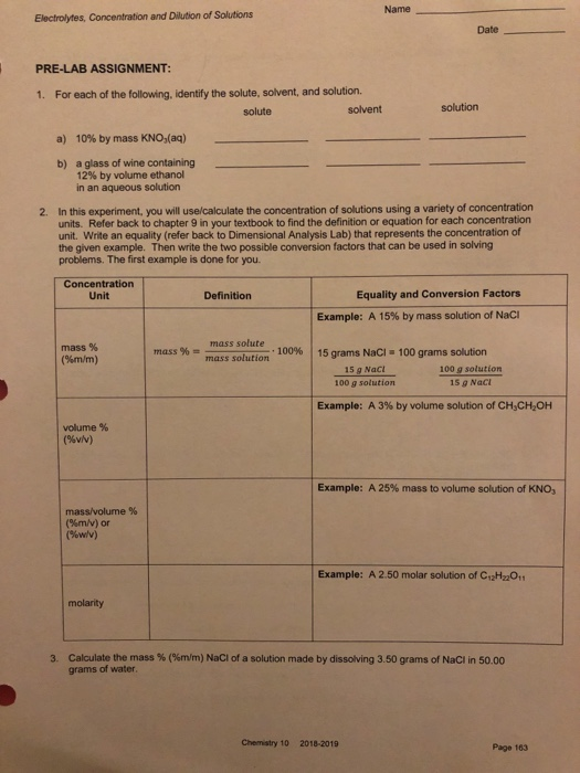 Solved Name Electrolytes, Concentration and Dilution of