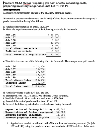 Solved Problem 19-4A (Alge) Preparing job cost sheets, | Chegg.com