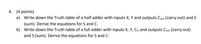 Solved 4. (4 points) a) Write down the Truth table of a half | Chegg.com