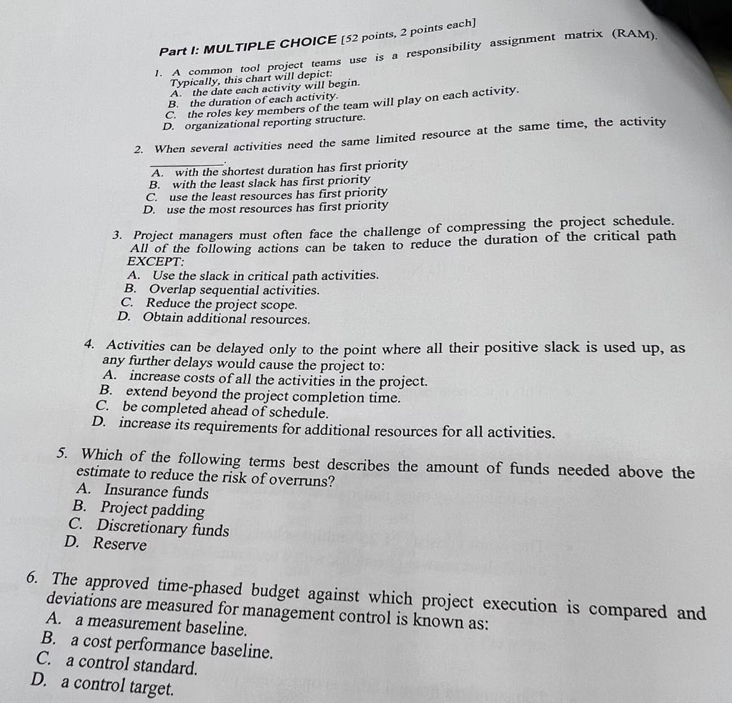 Solved Part I: MULTIPLE CHOICE (52 points, 2 points each] 1. | Chegg.com