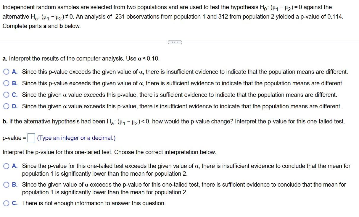 Solved Independent Random Samples Are Selected From Two | Chegg.com