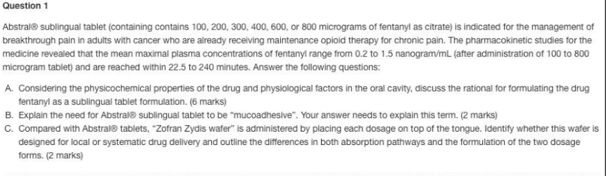 Question 1 Abstrale sublingual tablet (containing | Chegg.com