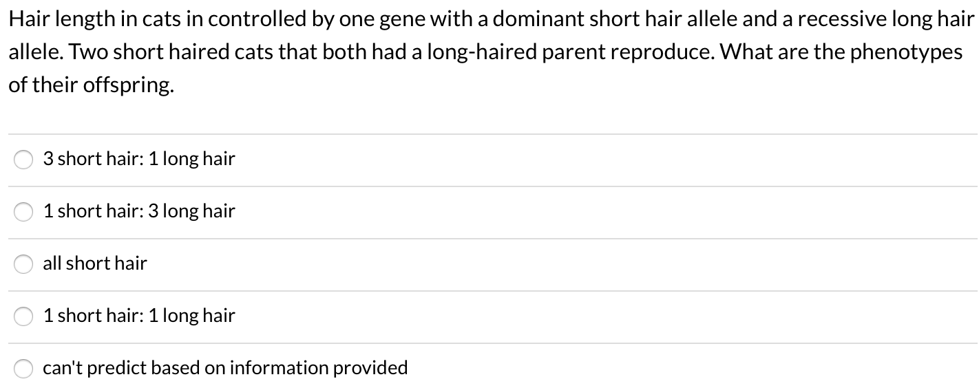 Solved Hair length in cats in controlled by one gene with a