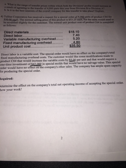 Solved a. What is a result of e range of transfer prices