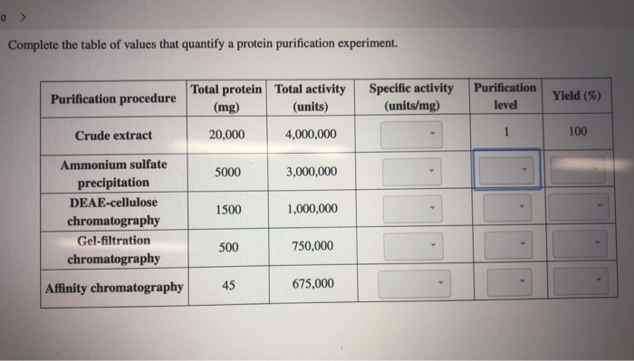 Solved Complete The Table Of Values That Quantify A Protein Chegg Com