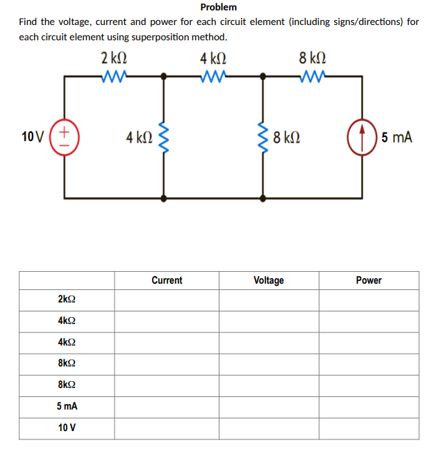 Solved Problem Find The Voltage, Current And Power For Each | Chegg.com