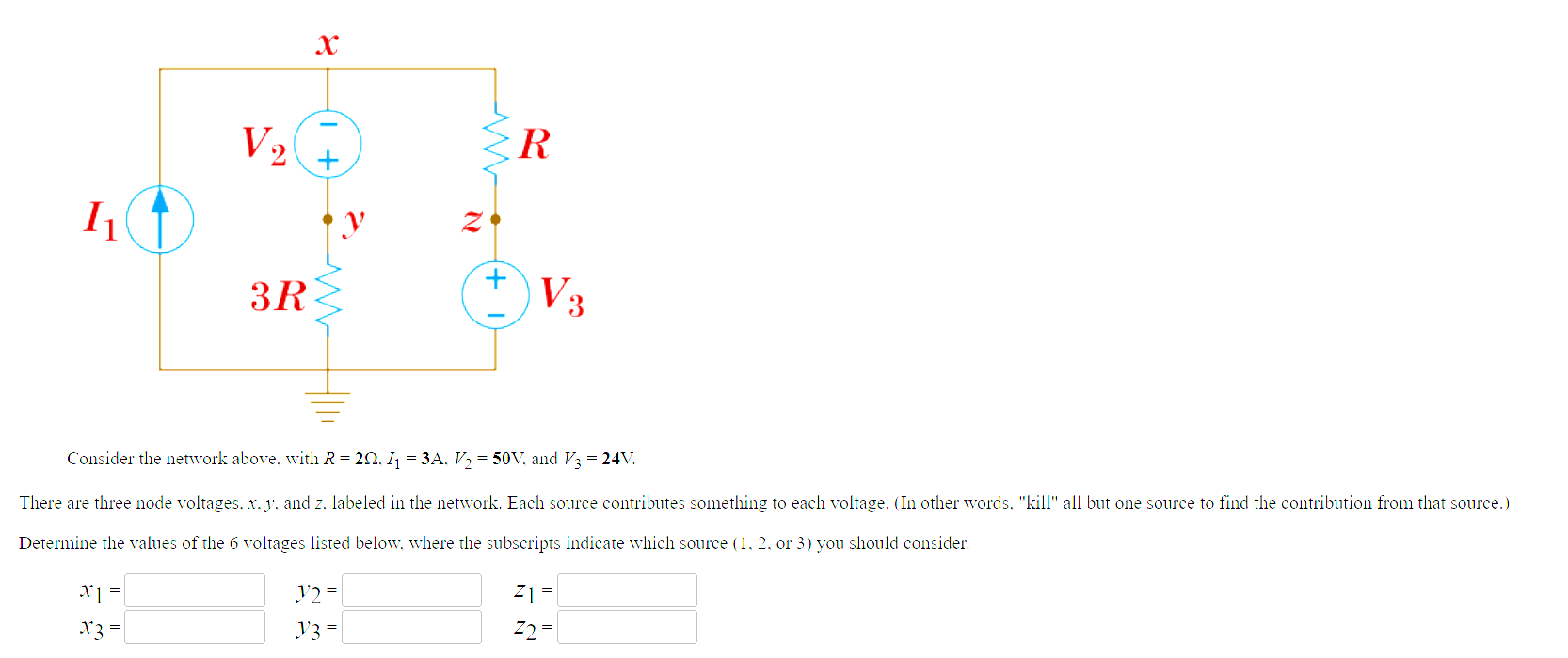 Solved Consider the network above, with R=2Ω,I1=3A,V2=50 V, | Chegg.com