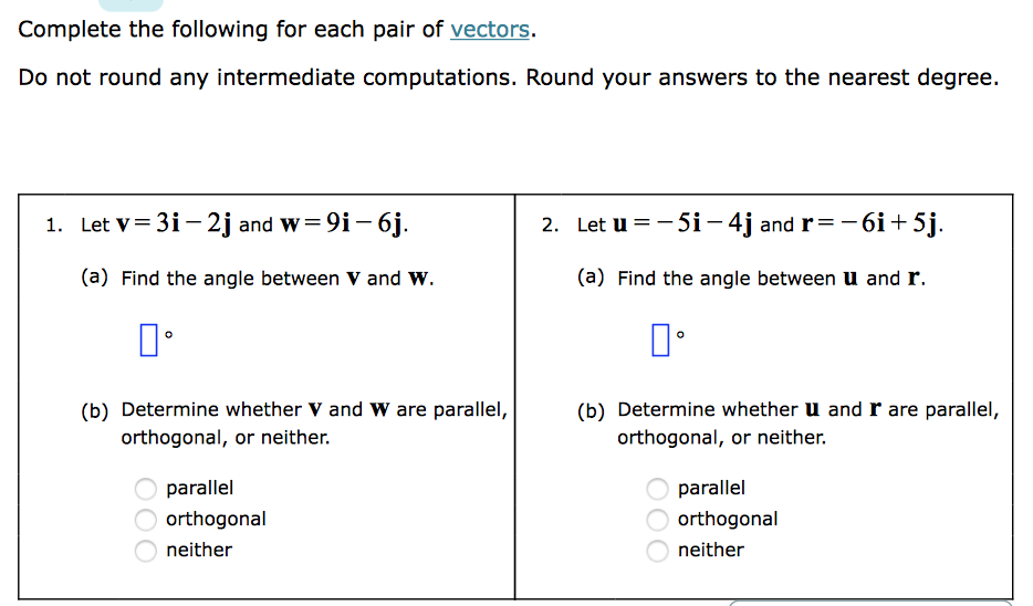 Solved Complete the following for each pair of vectors. Do | Chegg.com