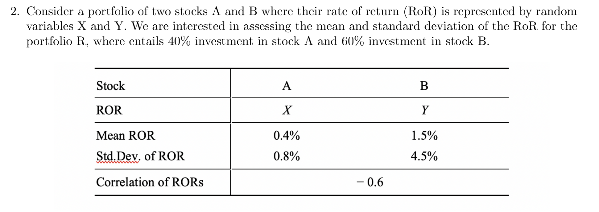 2. Consider A Portfolio Of Two Stocks A And B Where | Chegg.com