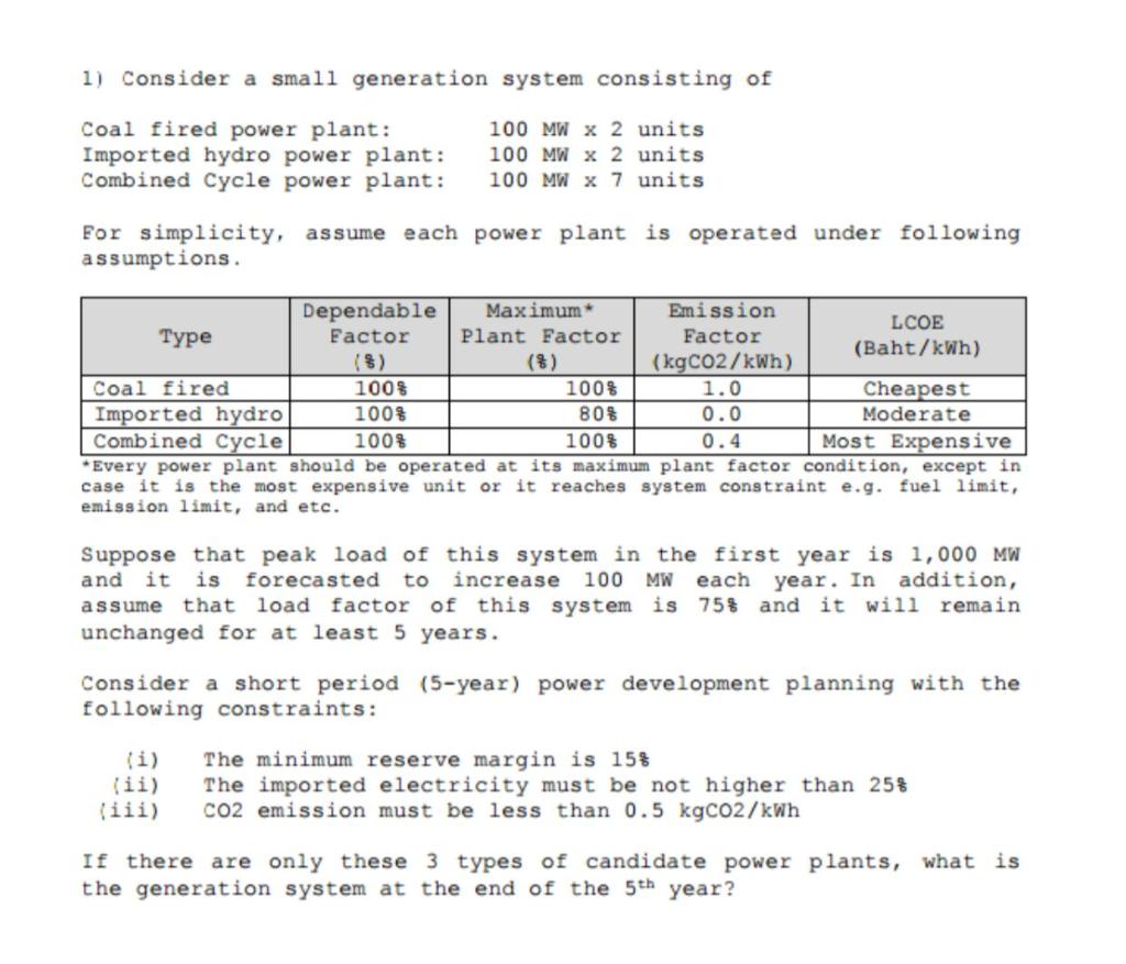 Solved 1 Consider A Small Generation System Consisting Of Chegg