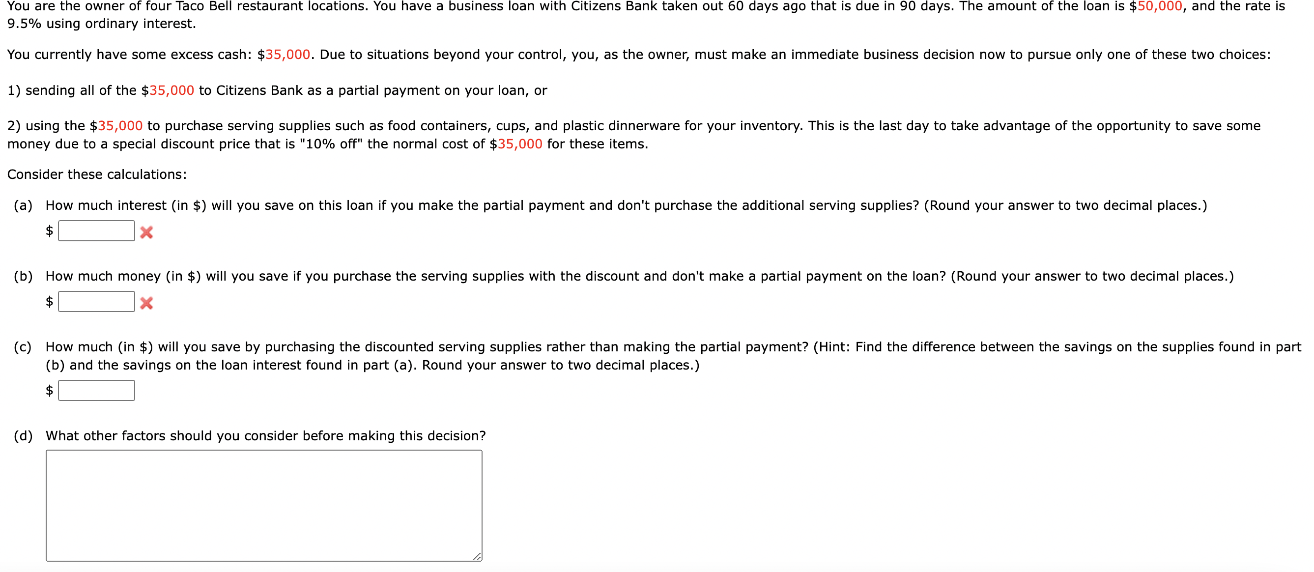 Solved 9.5% using ordinary interest. 1) sending all of the | Chegg.com