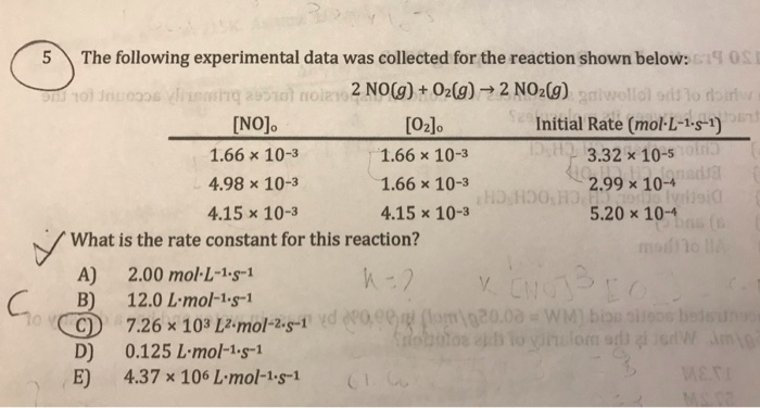 Solved 5 The following experimental data was collected for | Chegg.com