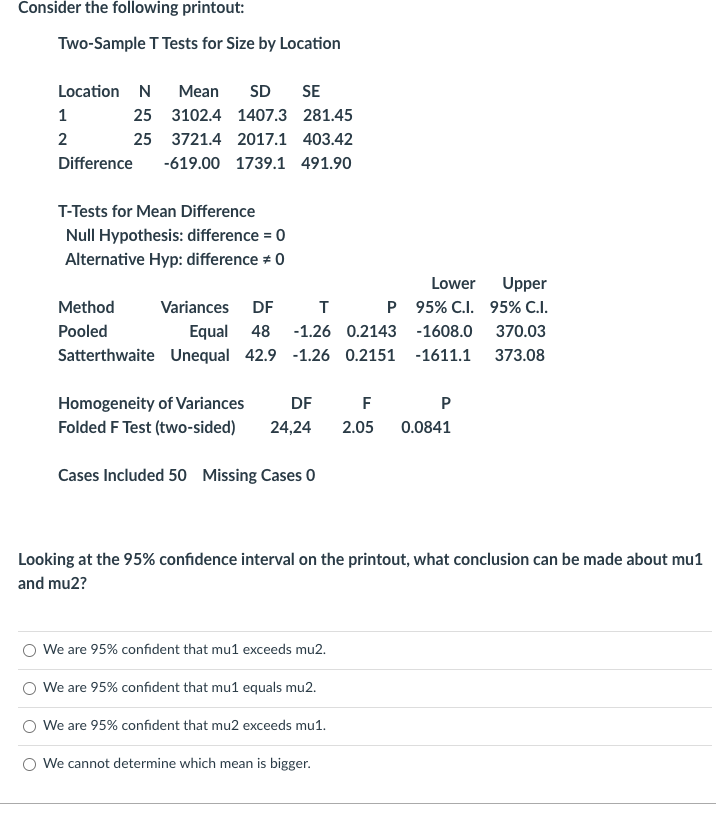 Solved Consider the following printout: Two-Sample T Tests