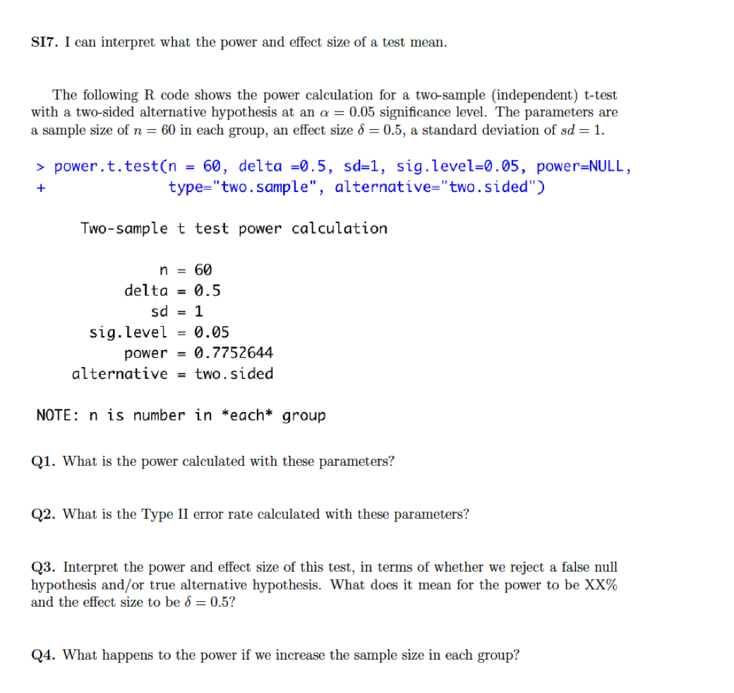 Solved Si7 I Can Interpret What The Power And Effect Size Chegg Com