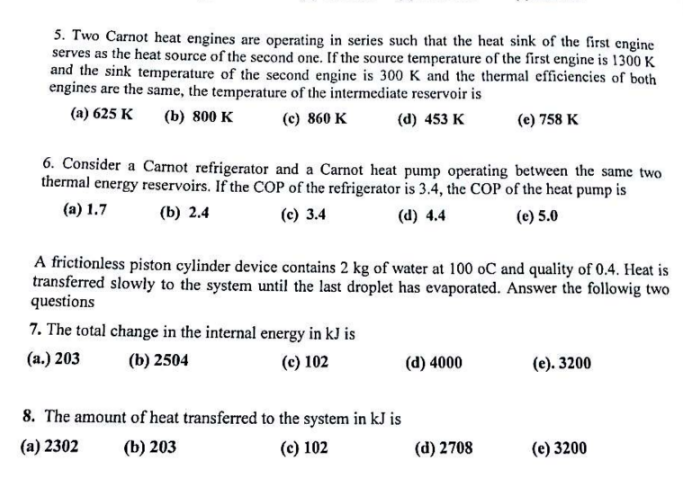 Solved 5. Two Carnot Heat Engines Are Operating In Series | Chegg.com